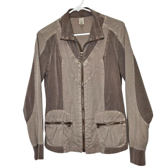 XCVI Womens Taupe & Brown Cotton/Spandex‎ Zip-Up Jacket Pockets Size M Lagenlook - Picture 1 of 8
